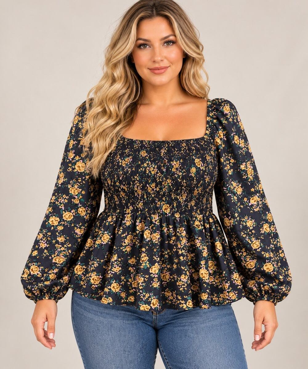 SHEIN Curve 1XL Black/Yellow Floral Smocked Square Neck Puff Long Sleeve Blouse
